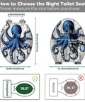 Elongated Resin Octopus Toilet Seat for Bathroom with measurement guidelines for proper fitting.
