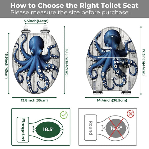 Elongated Resin Octopus Toilet Seat for Bathroom with measurement guidelines for proper fitting.
