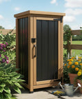 Slim Outdoor Storage Cabinet With Weatherproof Roof Wood And Metal Construction Removable Shelf Lockable Door Two Hinges Adjustable Feet Ideal Under Counter Or Balcony Storage For Small Spaces in garden.