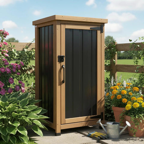 Slim Outdoor Storage Cabinet With Weatherproof Roof Wood And Metal Construction Removable Shelf Lockable Door Two Hinges Adjustable Feet Ideal Under Counter Or Balcony Storage For Small Spaces in garden.