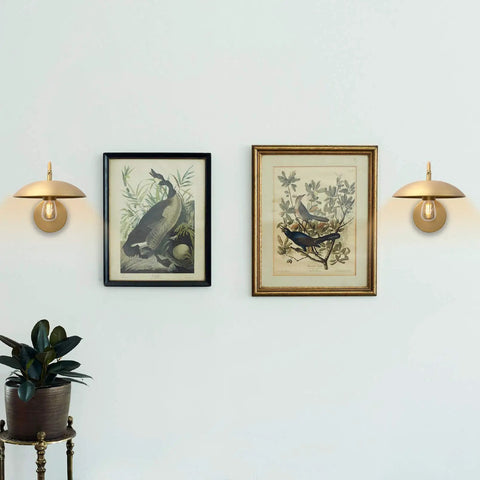 Dope Industrial Swing Arm Wall Sconce In Brass Finish Adjustable Hardwired Wall Lamp with artwork and plant decor