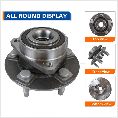 Set Of 2 Front And Rear Wheel Bearing Hub Assemblies With Encoder And ABS For 2008-2019 Cadillac CTS, 2010-2015 Chevy Camaro, And 2018-2019 Chevy Impala Five-Lug Vehicles, top and side views