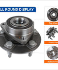 Drop In Replacement Five Lug Wheel Hub And Bearing Assembly With Encoder ABS For 2008 Through 2014 Cadillac CTS And 2010 Through 2015 Chevy Camaro And 2018 Through 2019 Cadillac XTS And 2018 Through 2019 Chevy Impala in all-around view, showcasing top, front, and bottom angles