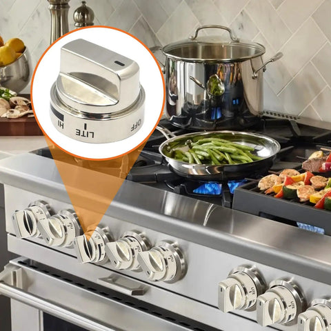 Close-up of gold stove knob replacement for LG LRG series on a gas range with vegetables cooking, Five Pack Stove Knob Replacements For LG Gas Range And Oven LRG Series LRG3095ST LRG3091ST LRG3093ST LRG3035ST LDG3036ST AEZ73453509 Replaces AEZ72