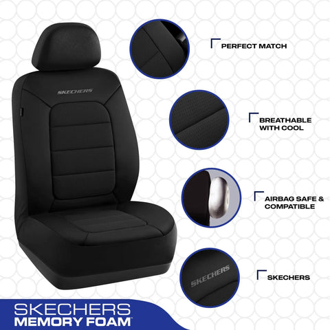 Memory Foam Car Seat Covers With Thick Cool Touch Fabric Front Seat Protection That Is Airbag Compatible For Most Cars Vans Trucks SUVs Ultra Comfy And Easy Cleanup For Everyday Road Trips shown in black with Skechers logo.