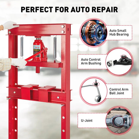 Tough As Nails 20 Ton Hydraulic Press H Frame Shop Workhorse With Adjustable Base And Heavy Plates For Metal Bending, showing auto repair tasks.