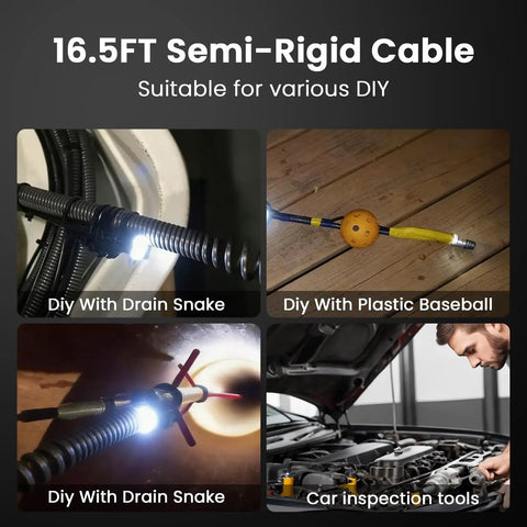 Rugged 1080P Endoscope Camera With 4.3 Inch LCD IP67 Waterproof Sewer Inspection 7.9mm Lens 8 LED Lights and 16.5ft Semi-Rigid Probe for Clear Real-Time Views in Tight Hard-To-Reach Spaces, 16.5ft semi-rigid cable in DIY use
