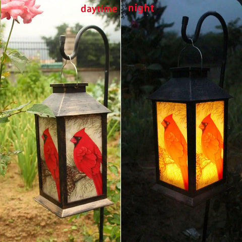 Outdoor Solar Lanterns For Hanging And Tabletop Use Waterproof LED Red Cardinal Bird Pattern Lights With S Hook Ideal Patio Garden Decor And Thoughtful Gift For Mom Grandma Women, displayed in day and night illumination