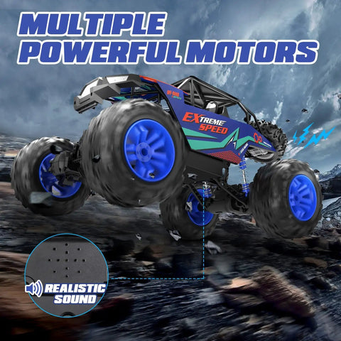 Large 1:8 Scale Monster Truck RC Car For Adults And Teens, Off Road 4WD Crawler With Realistic Sound shown over rocky terrain