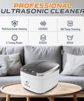 Ultrasonic Jewelry Cleaner 850ml with LCD Screen and 5 Digital Timers on a table, showcasing sleek design and features.