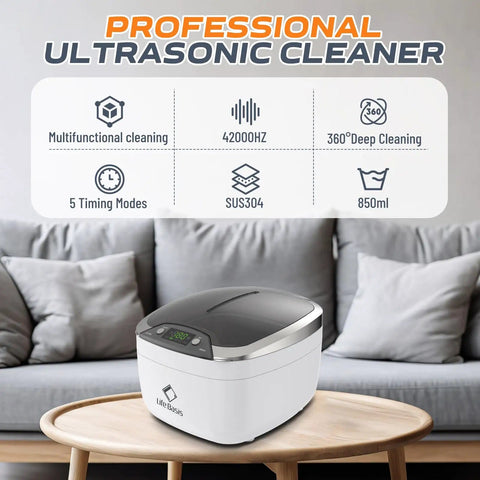 Ultrasonic Jewelry Cleaner 850ml with LCD Screen and 5 Digital Timers on a table, showcasing sleek design and features.