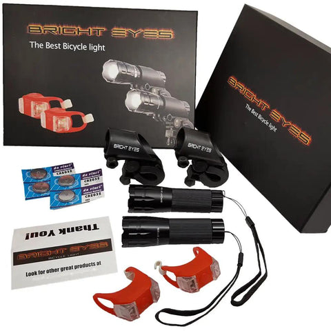 Two Pack Aircraft Aluminum Waterproof 300 Lumen LED Bike Light Set with Headlight and Taillight Batteries Included display