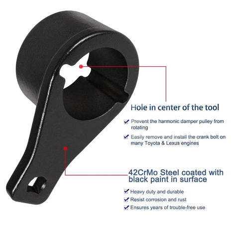 Cam Pulley Holder And Crankshaft Damper Locking Tool for Lexus and Toyota engines, black steel with center hole detail