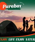 Silhouette of family and dog near 2 To 3 Person Camping Tent With Rainfly Waterproof And Windproof Dome Shelter at sunset.