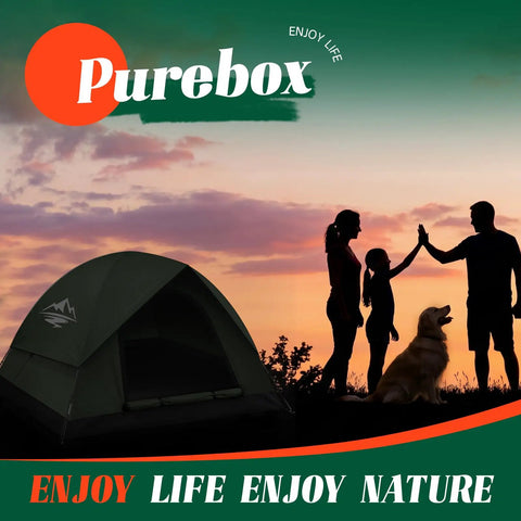 Silhouette of family and dog near 2 To 3 Person Camping Tent With Rainfly Waterproof And Windproof Dome Shelter at sunset.