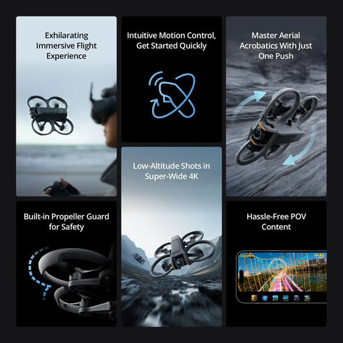 Avata 2 FPV Drone Bundle With 3 Batteries Fly More 4K Video 128GB Memory Card USB Card Reader Sling Bag And Drone Backpack Goggles 3 Set Lanyard Spare Forehead Pad 2 Year Warranty Gray Beginner To Advanced displayed with flight features.
