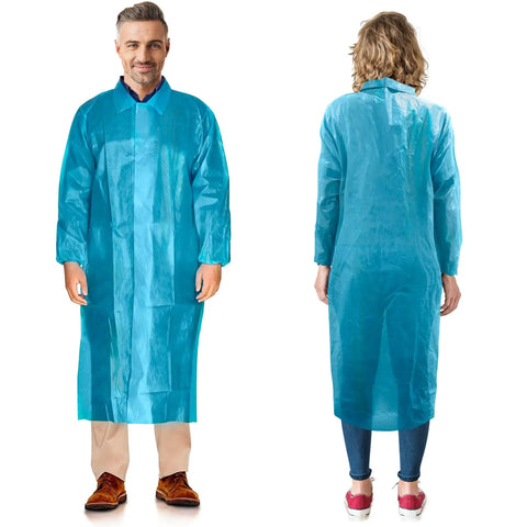 Front and back view of Disposable Lab Coats For Adults, Large Blue, Pack Of 10, Lightweight 40 GSM Polyethylene Polypropylene Fabric.