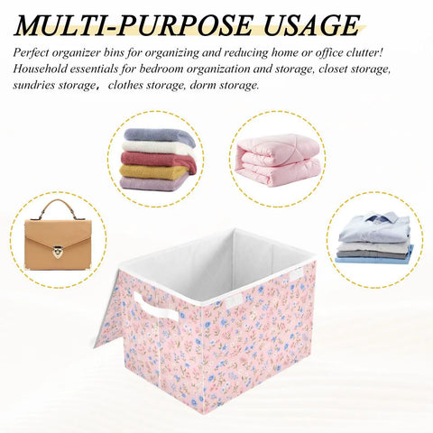 Game Changing Foldable Storage Bin With Ergonomic Handles And Lock Down Lid For Bedroom Organization, pink floral design.