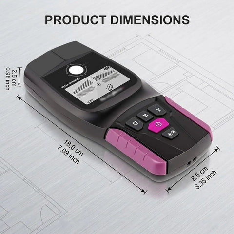 Wall Scanner Stud Finder 4 Modes Detector LCD Display Metal Wood Wire showing dimensions on a metal surface.
