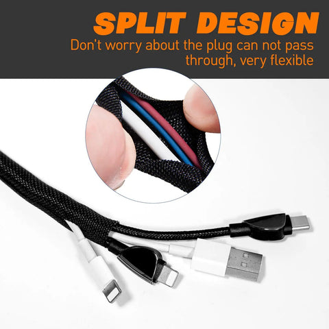 Close-up of braided split sleeve cable management showing flexibility and cable protection, self wrapping twelve foot half inch wire loom.