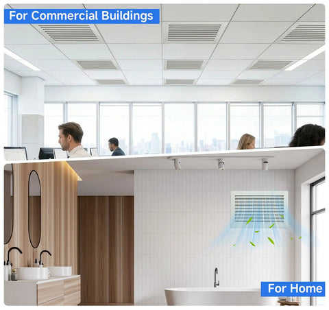Two Sided Door Vent Cover Aluminum Exterior Vent Shield For Doors And Walls shown in office and bathroom settings