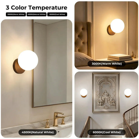 Prosmoon Modern Globe Wall Sconce Set of 2, 3-Color Temperature Adjustable with milk glass shade in warm, natural, and cool white.