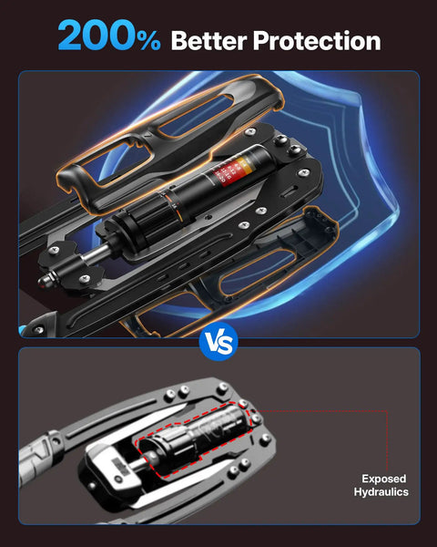 Merach Twister Arm Trainer Hydraulic Strengthener comparison showing upgraded protective housing and exposed hydraulics for better safety.