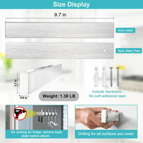 Diagram of wall mounted magnetic knife holder 10 inch heavy duty knife magnetic strip showing size, weight, and mounting instructions.