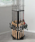 360 Degree Rotating Fishing Rod Rack For Garage Floor Stand, wooden tackle organizer holding 16 rods with reels, black base