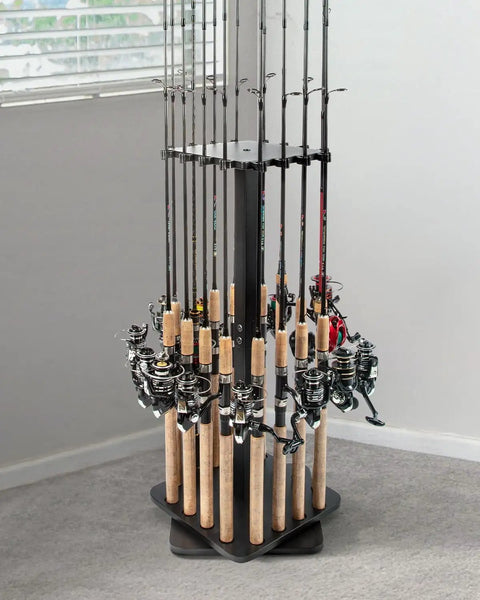 360 Degree Rotating Fishing Rod Rack For Garage Floor Stand, wooden tackle organizer holding 16 rods with reels, black base