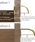 Installation methods for Solid Brass Edge Pulls For Cabinets And Dressers In Brushed Gold Finish, showing screw depth and board thickness.