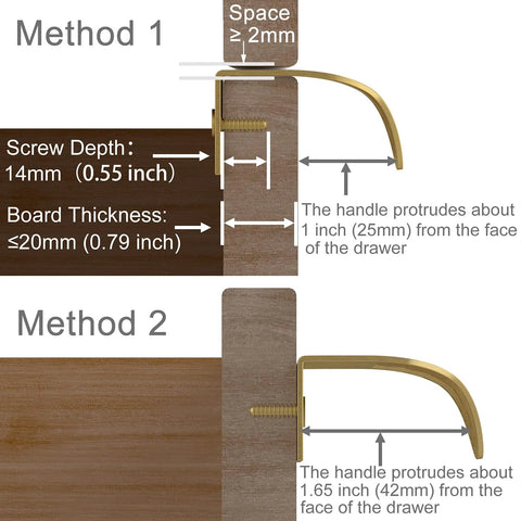 Installation methods for Solid Brass Edge Pulls For Cabinets And Dressers In Brushed Gold Finish, showing screw depth and board thickness.