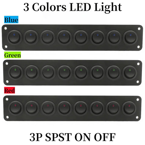 Three 8 Gang Round Rocker Switch Panels with LED Indicator for 12V to 24V DC, aluminum waterproof panel box in blue, green, red lights
