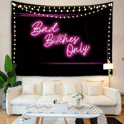 Bad Bitches Only Neon Wall Tapestry For Bedroom And Living Room Outdoor, 51x60 inches, polyester fabric displayed above a sofa.