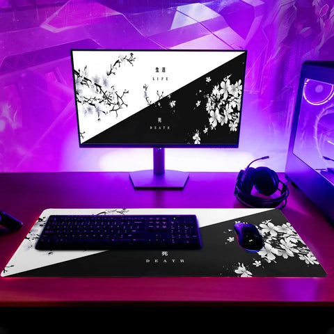 Extended Black And White Sakura Cherry Blossom Desk Pad For Gaming Office Or Home Setup, 31.5 By 11.8 Inches