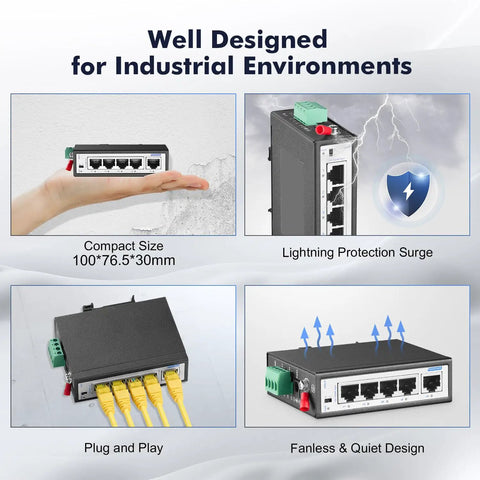 Rugged 5 Port Industrial Switch With 4 Ethernet Ports And 1 Uplink Unmanaged 10 100 Mbps Fast Ethernet IP30 Hardened shown in industrial use