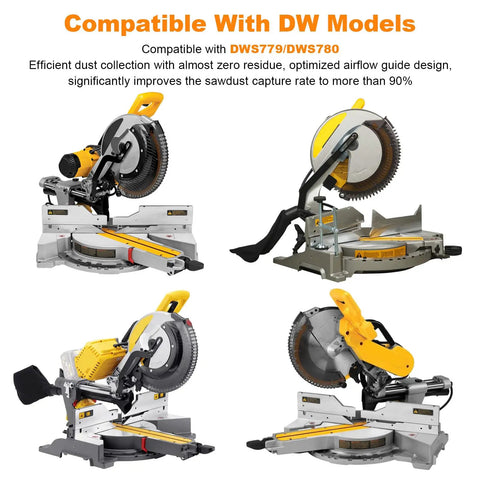 Improved Miter Saw Dust Collection Adapter With Five-In-One Vacuum Connector on DW models DWS779/DWS780 showing dust control