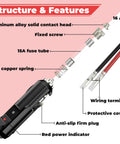 Straight Up 12V Cigarette Lighter Plug With 16 Awg Pure Copper Wire And One Foot Cord Featuring Built In 15A Fuse Protection diagram showing features like aluminum head and protective covers.