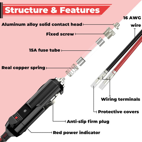 Straight Up 12V Cigarette Lighter Plug With 16 Awg Pure Copper Wire And One Foot Cord Featuring Built In 15A Fuse Protection diagram showing features like aluminum head and protective covers.