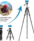 74 Inch Aluminum Camera Tripod For Cameras And Phones Pro Grade Stand showcasing height adjustments and portability
