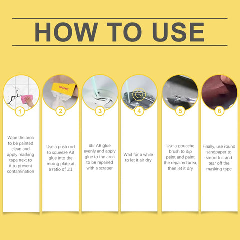 Instruction steps for Chips And Cracks Tile Fix Kit With Color Match For Ceramic Porcelain And Stone Surfaces, Easy DIY Repair.