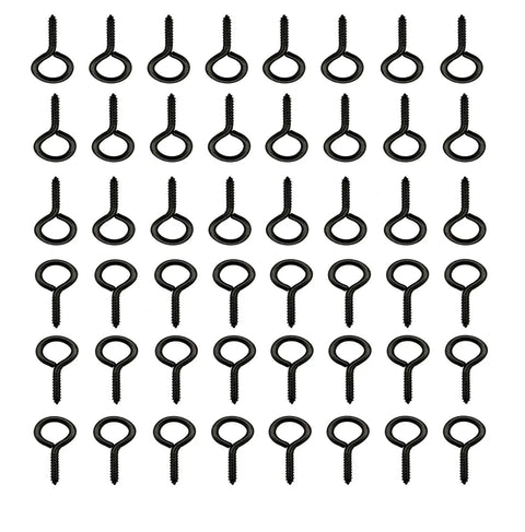 Built Tough Black One Inch Screw Eye Hooks Two Hundred Pack For Jewelry Making Ornament Hangings Rust Corrosion Resistant Metal Hardware No Sweat Quick Mounts Gear displayed in a grid layout.