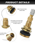 Two Pack TR618A Metal Valve Stems For Tubeless Tires High Flow Core product details, brass body, EPDM seal, close view