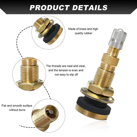 Two Pack TR618A Metal Valve Stems For Tubeless Tires High Flow Core product details, brass body, EPDM seal, close view