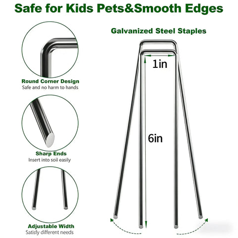 Diagram showing dimensions and features of Heavy Duty Galvanized Landscape Staples 6 Inch 500 Pack U Shaped Sod Pins.