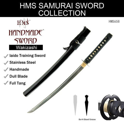 Unsharpened Stainless Steel Wakizashi Iaito for Iaido Training and Kata Practice, 21 Inch Blade with Fuller Groove, sheath included