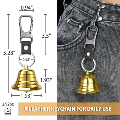 2 Pack Loud Bear Bell Set With Silencer And Emergency Whistle Carabiner For Survival And Hiking Gear, attached to jeans, dimensions shown