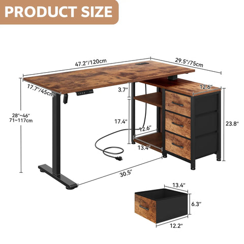 47 Inch L Shaped Standing Desk With 3 Drawers, Electric Height Adjustable, Built In Power Outlets dimensions image