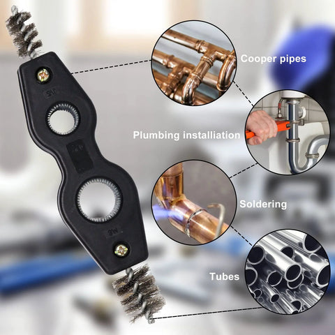 SWZHAI 4-in-1 copper pipe cleaner tool with dual wire brushes for 1/2 in and 3/4 in copper tubes (front view).