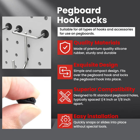 100 Pack Pegboard Hook Locks Stoppers for One Quarter Inch Peg Boards, Keep Hooks From Falling Off, Silicone Rubber Pegboard Accessories, Black